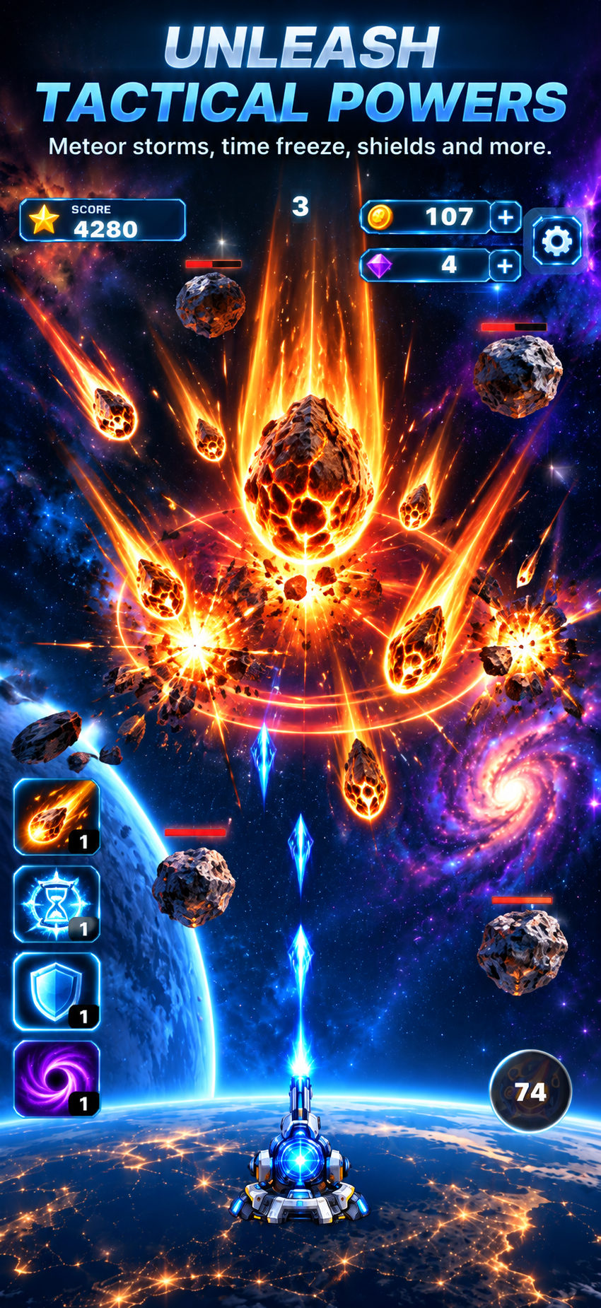 Cosmic Defence screenshot: UNLOCK TACTICAL POWERS