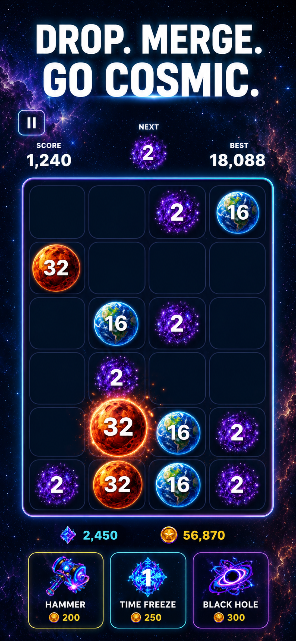 Cosmic Drop screenshot: DROP. MERGE. GO COSMIC.